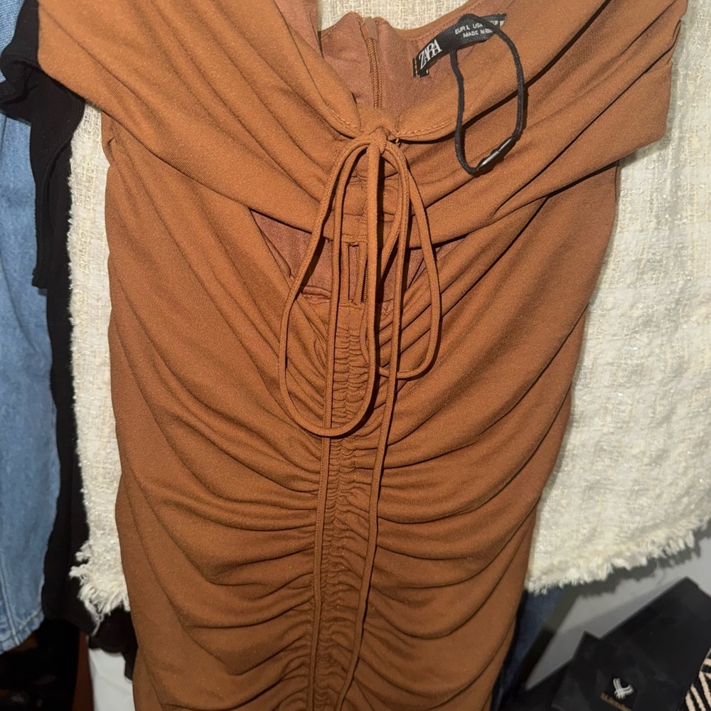 Zara Ruched Off Shoulder Maxi Dress in Brown Orange large